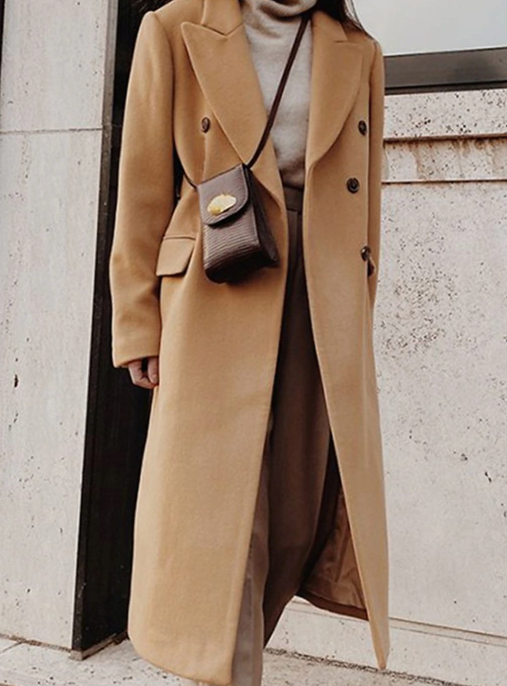 Women's Double-Breasted Longline Wool-Look Winter Coat