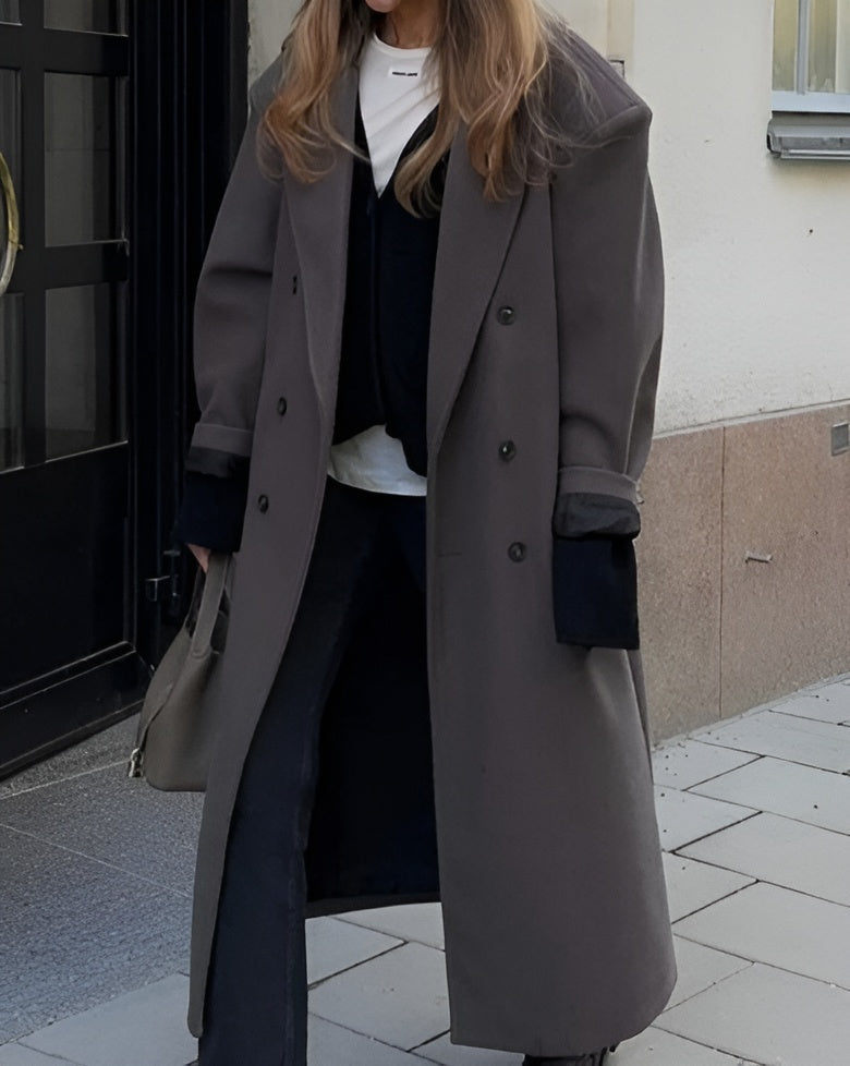 Women's Double-Breasted Wool-Look Maxi Coat with Notch Lapel