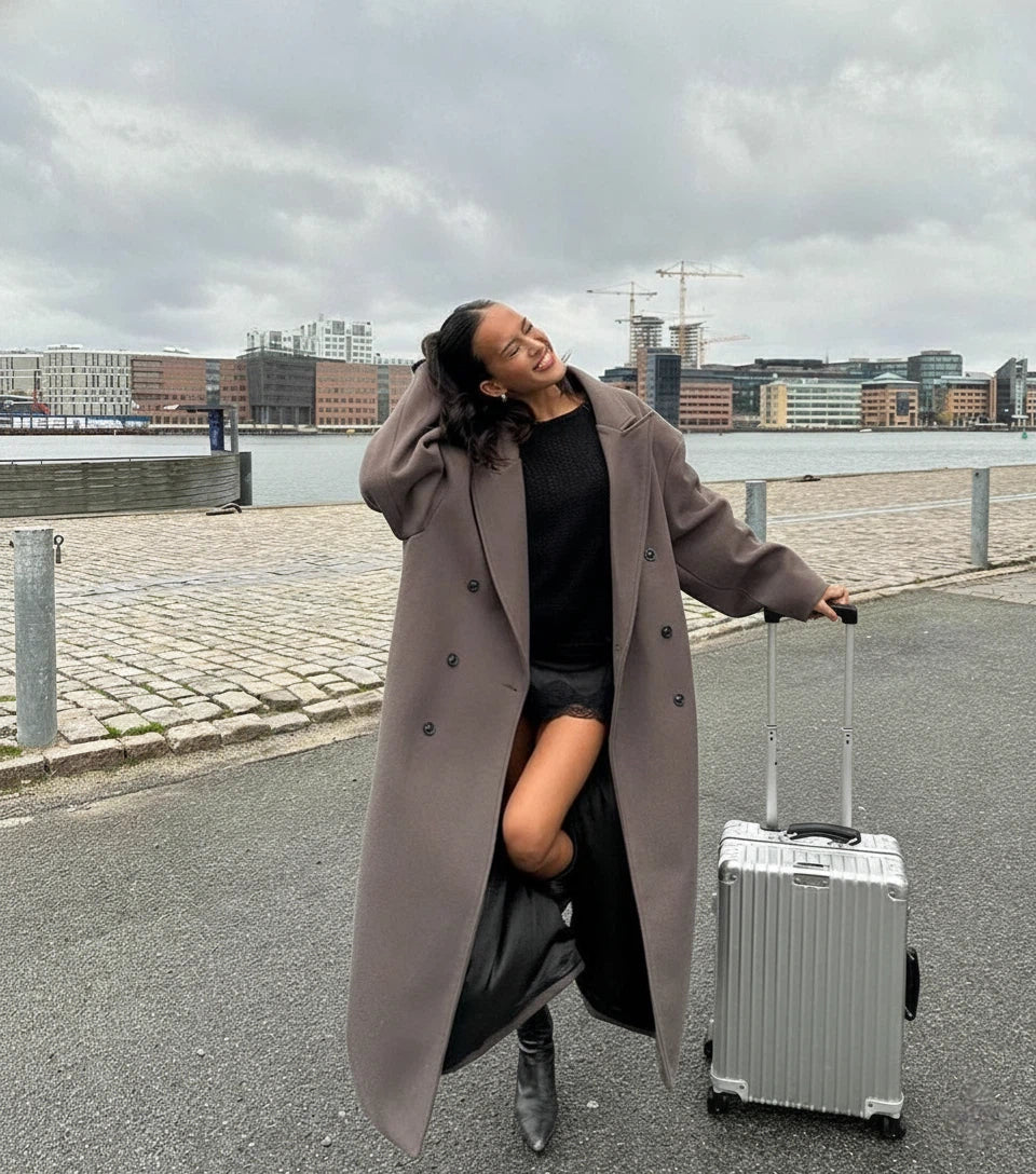 Women's Double-Breasted Wool-Look Maxi Coat with Notch Lapel
