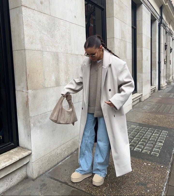 Women's Double-Breasted Wool-Look Maxi Coat with Notch Lapel