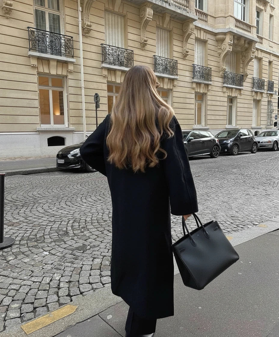 Women's Double-Breasted Wool-Look Maxi Coat with Notch Lapel