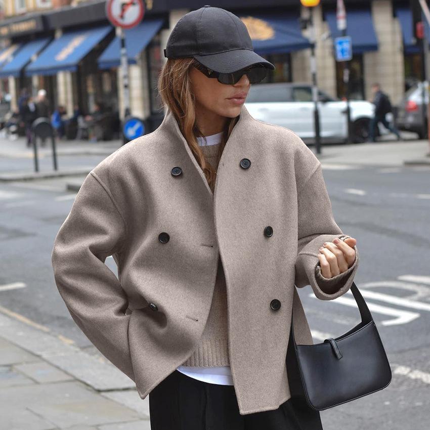 Women's Double-Breasted Wool-Look Cropped Jacket in Beige