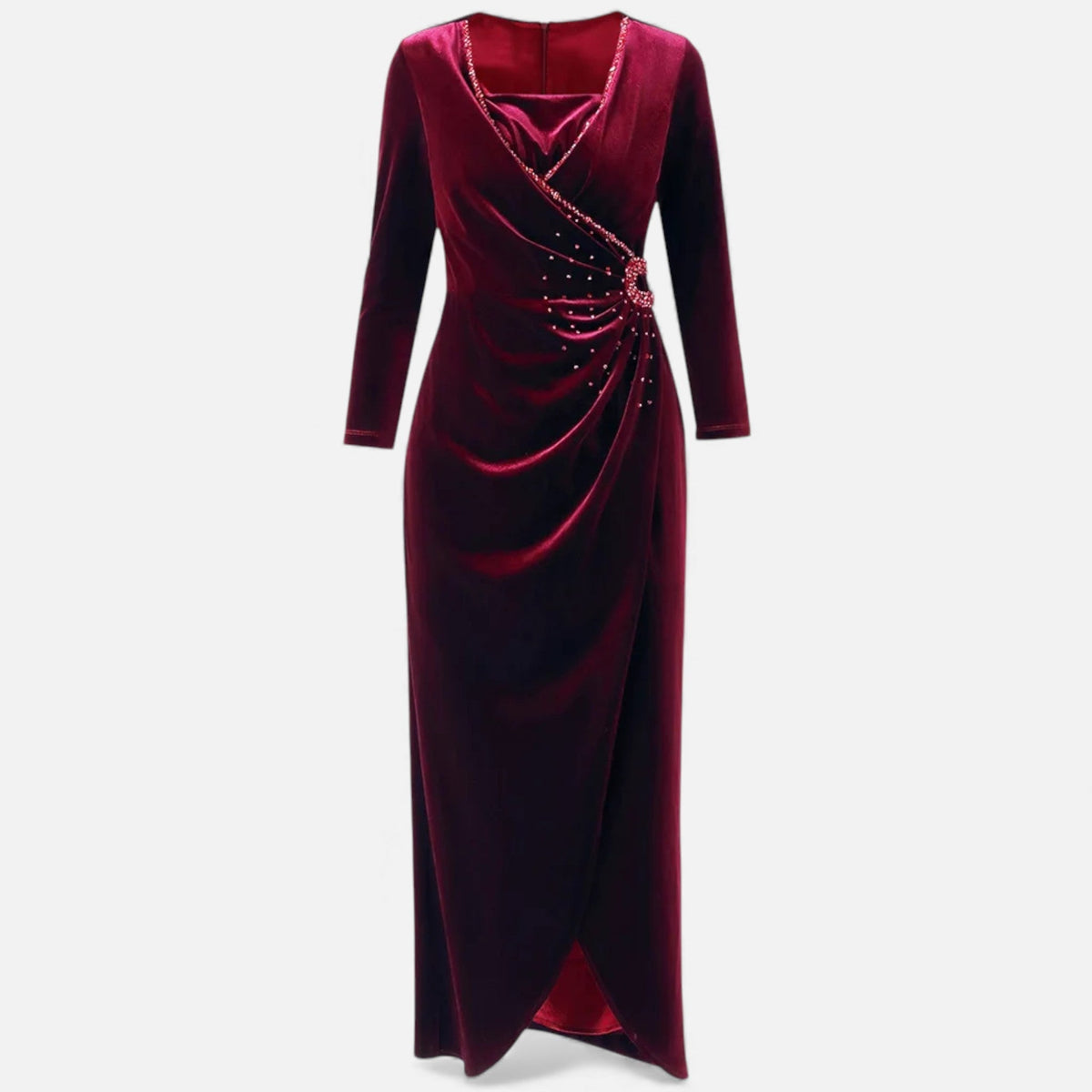 Women's Draped Wrap Maxi Dress in Burgundy