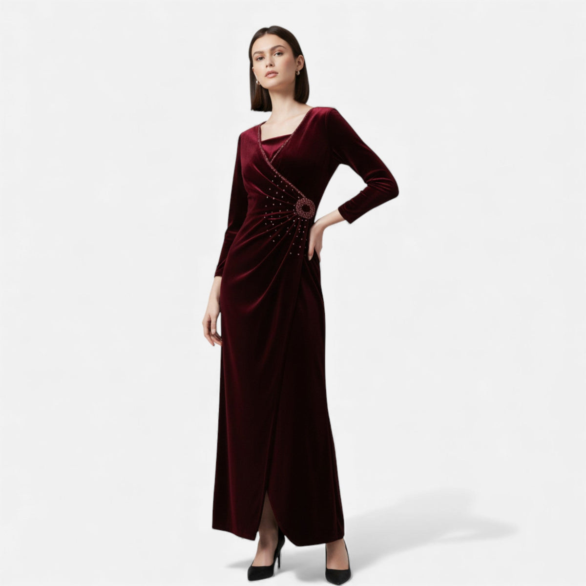 Women's Draped Wrap Maxi Dress in Burgundy