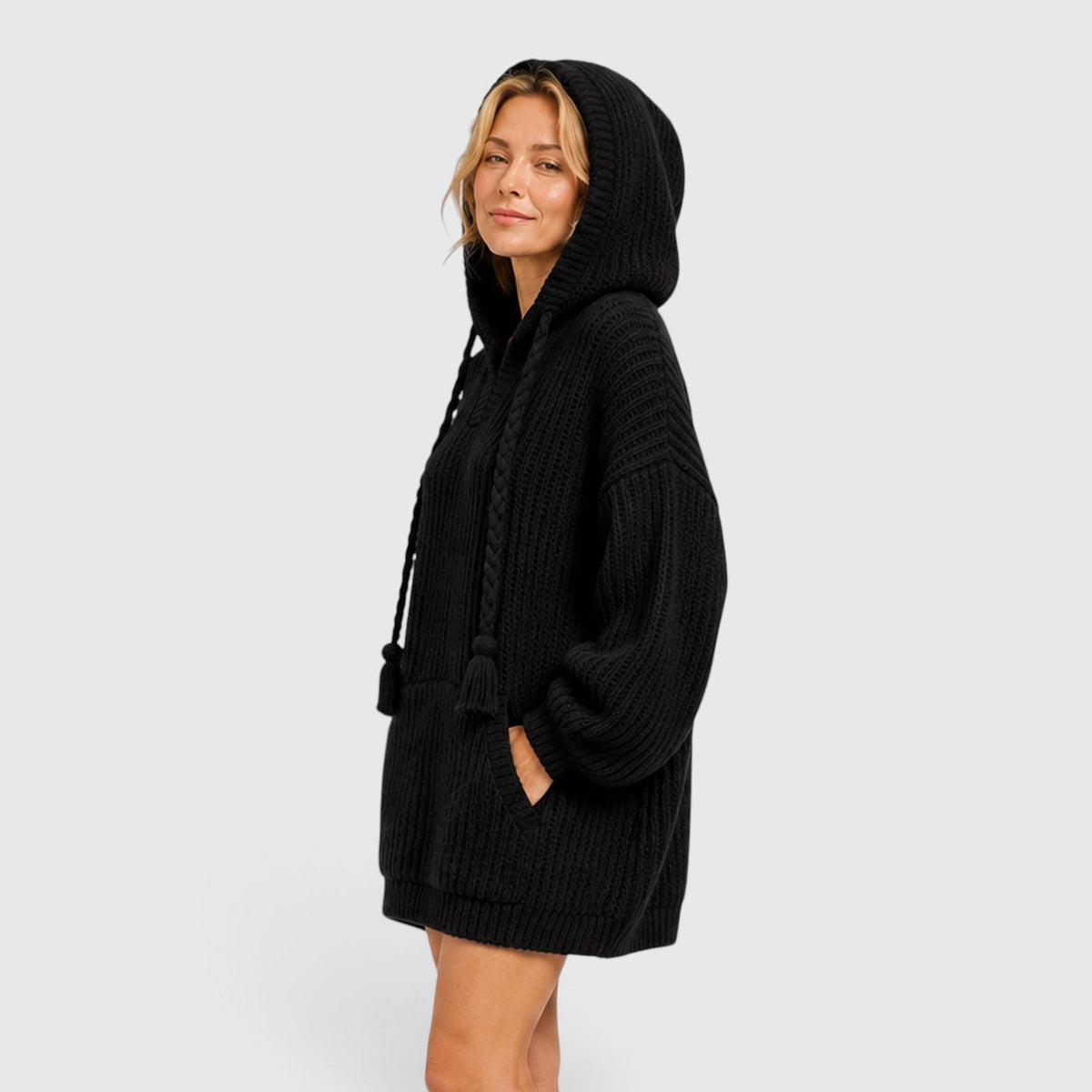 Women's Chunky Knit Oversized Hoodie in Black
