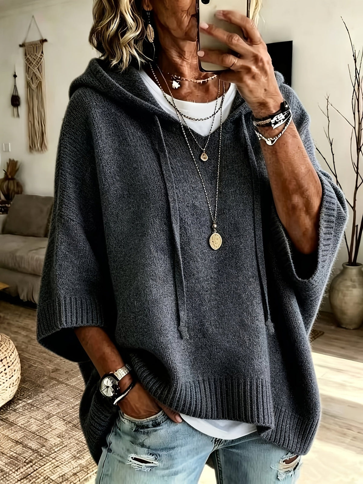 Women's Oversized Knit Drawstring Hoodie