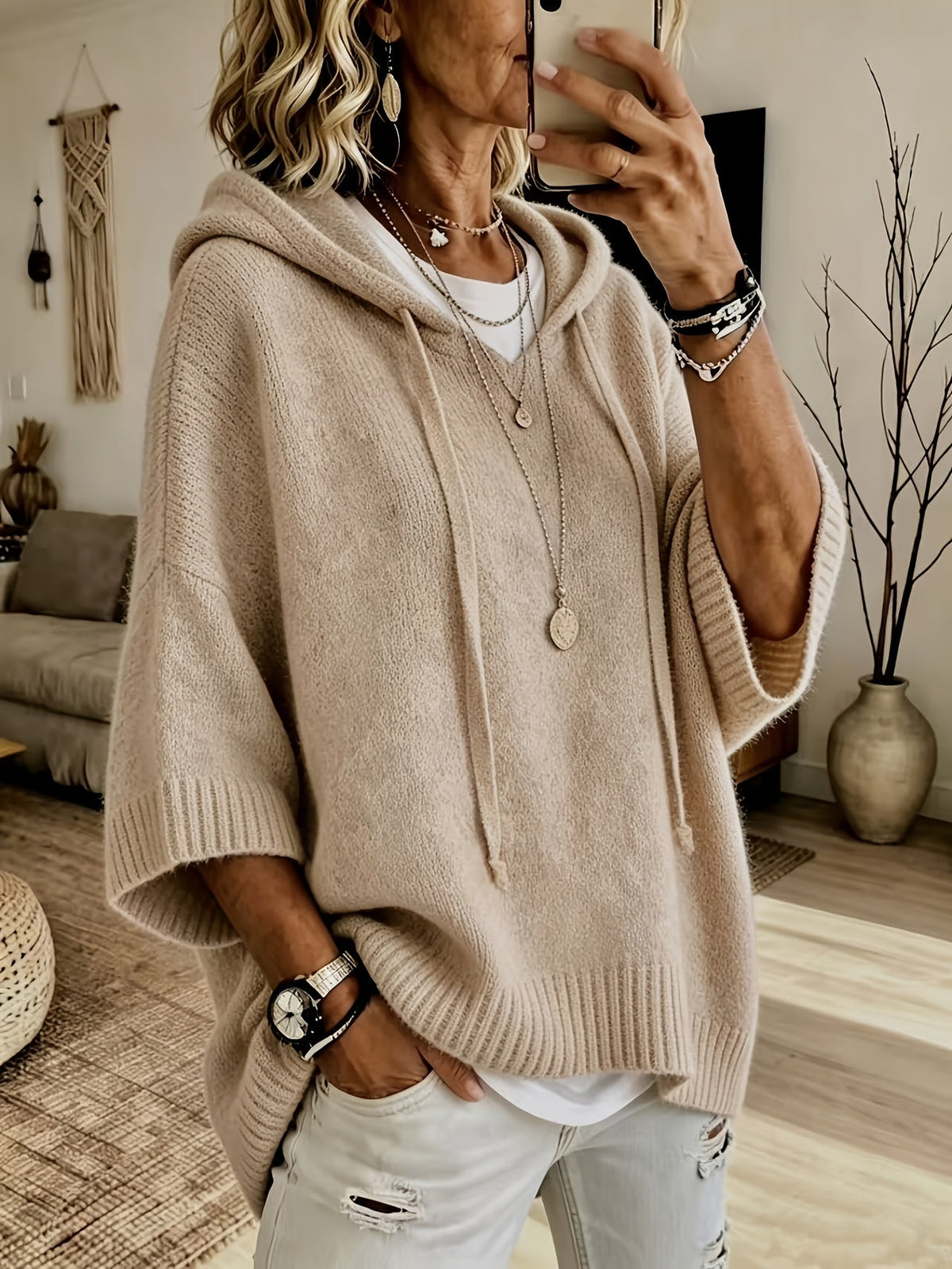 Women's Oversized Knit Drawstring Hoodie