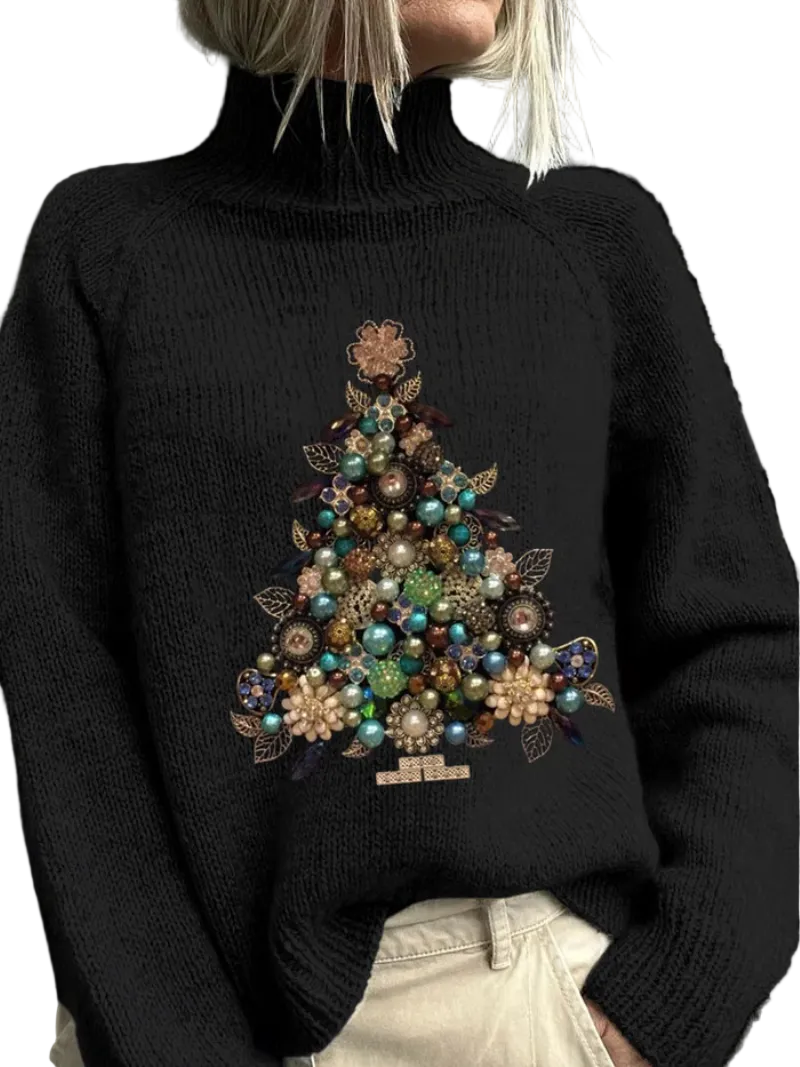 Women's Christmas Jumper Jewelled Tree High Neck