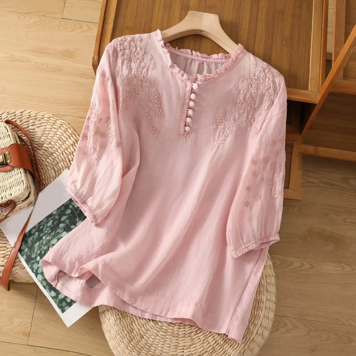 Women's Embroidered Frill Neck Button Blouse