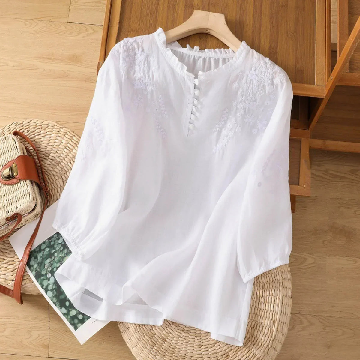 Women's Embroidered Frill Neck Button Blouse