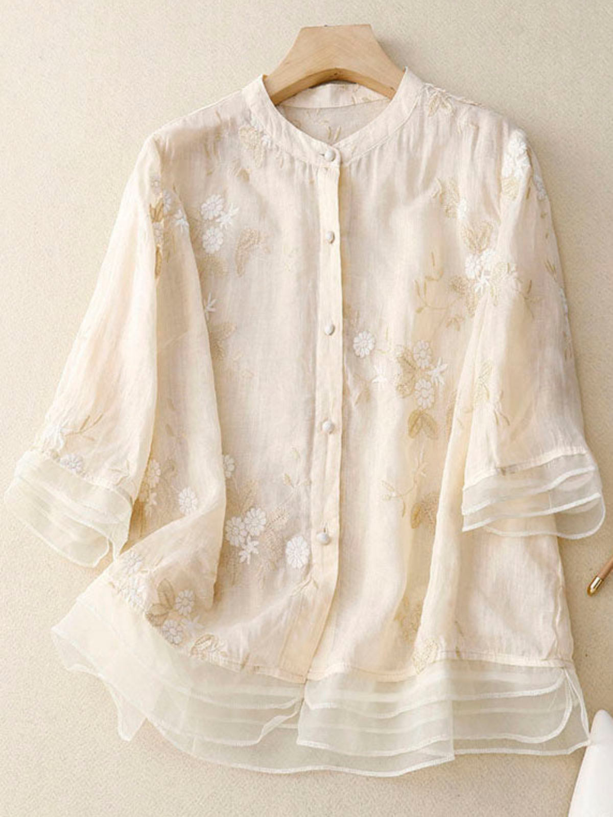 Women's Embroidered Floral Blouse with Layered Cuffs
