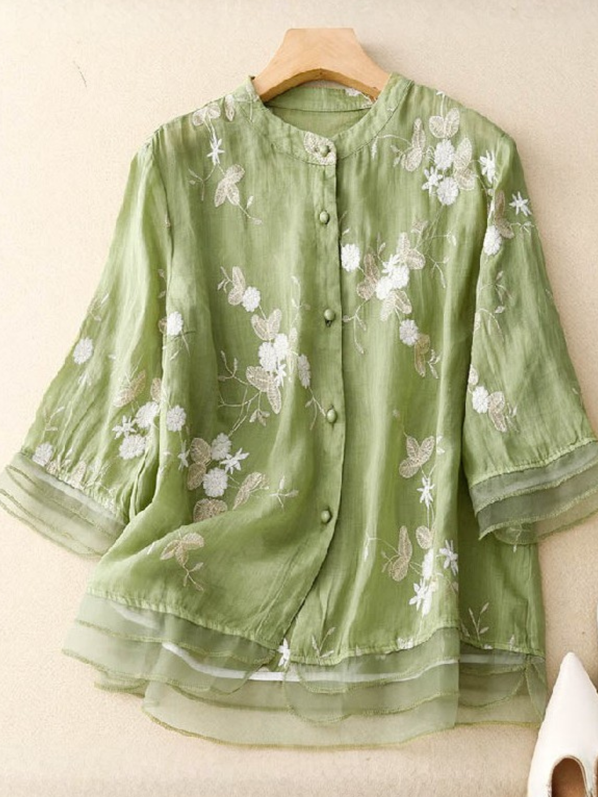 Women's Embroidered Floral Blouse with Layered Cuffs