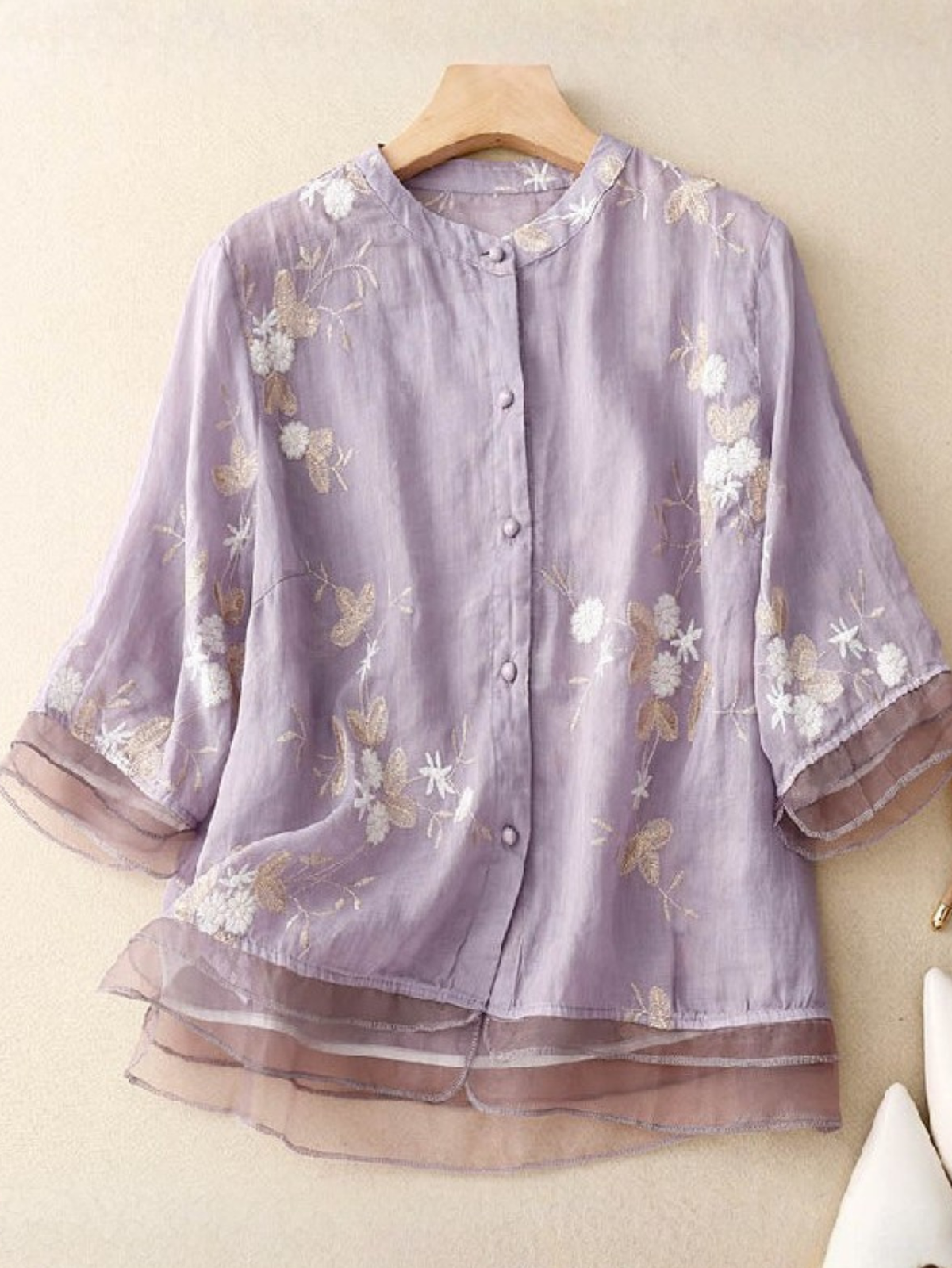 Women's Embroidered Floral Blouse with Layered Cuffs