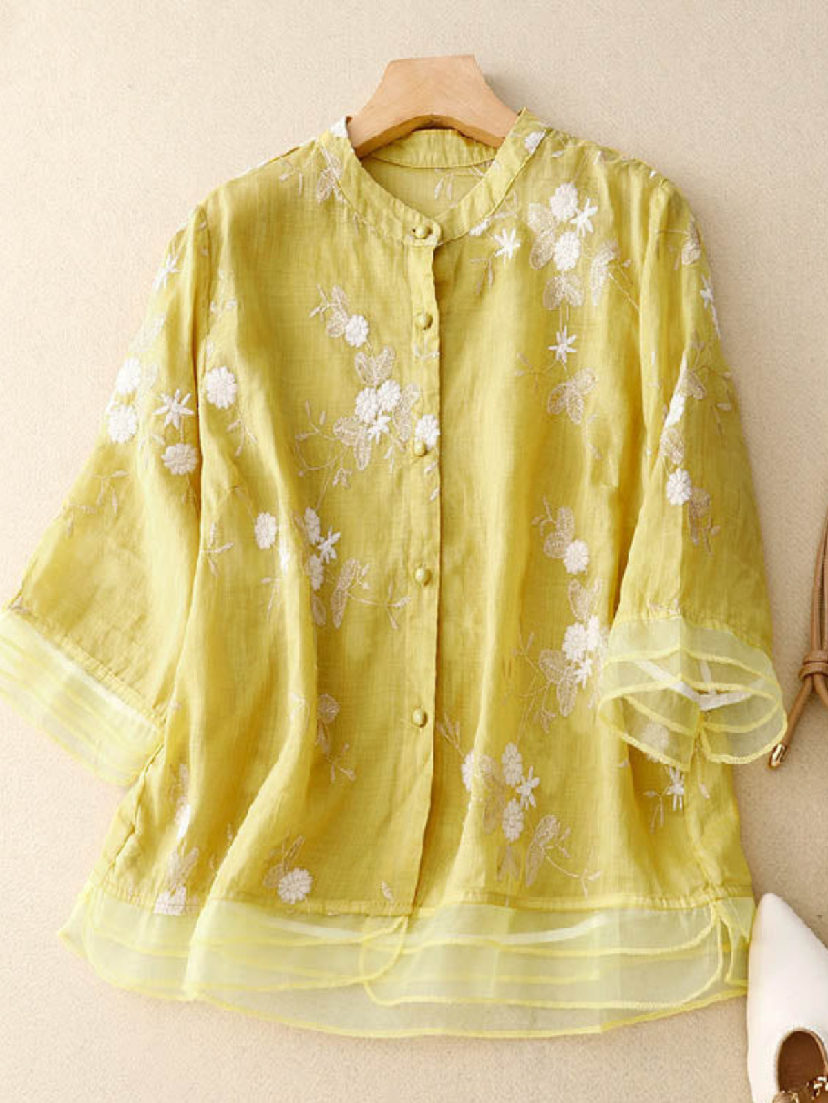 Women's Embroidered Floral Blouse with Layered Cuffs