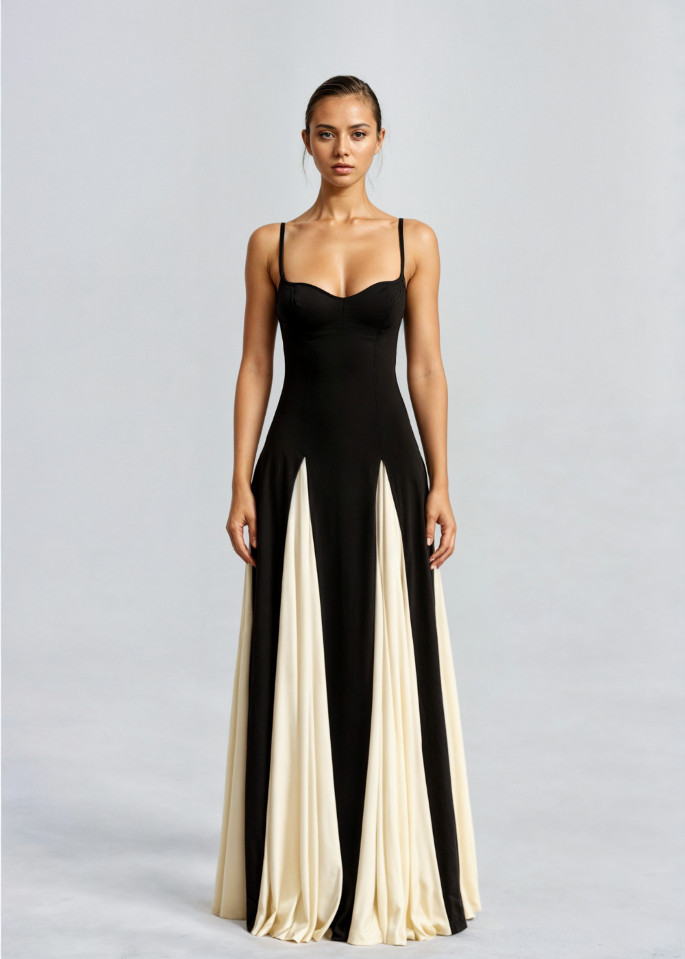 Women's Black & White Panelled Maxi Evening Dress