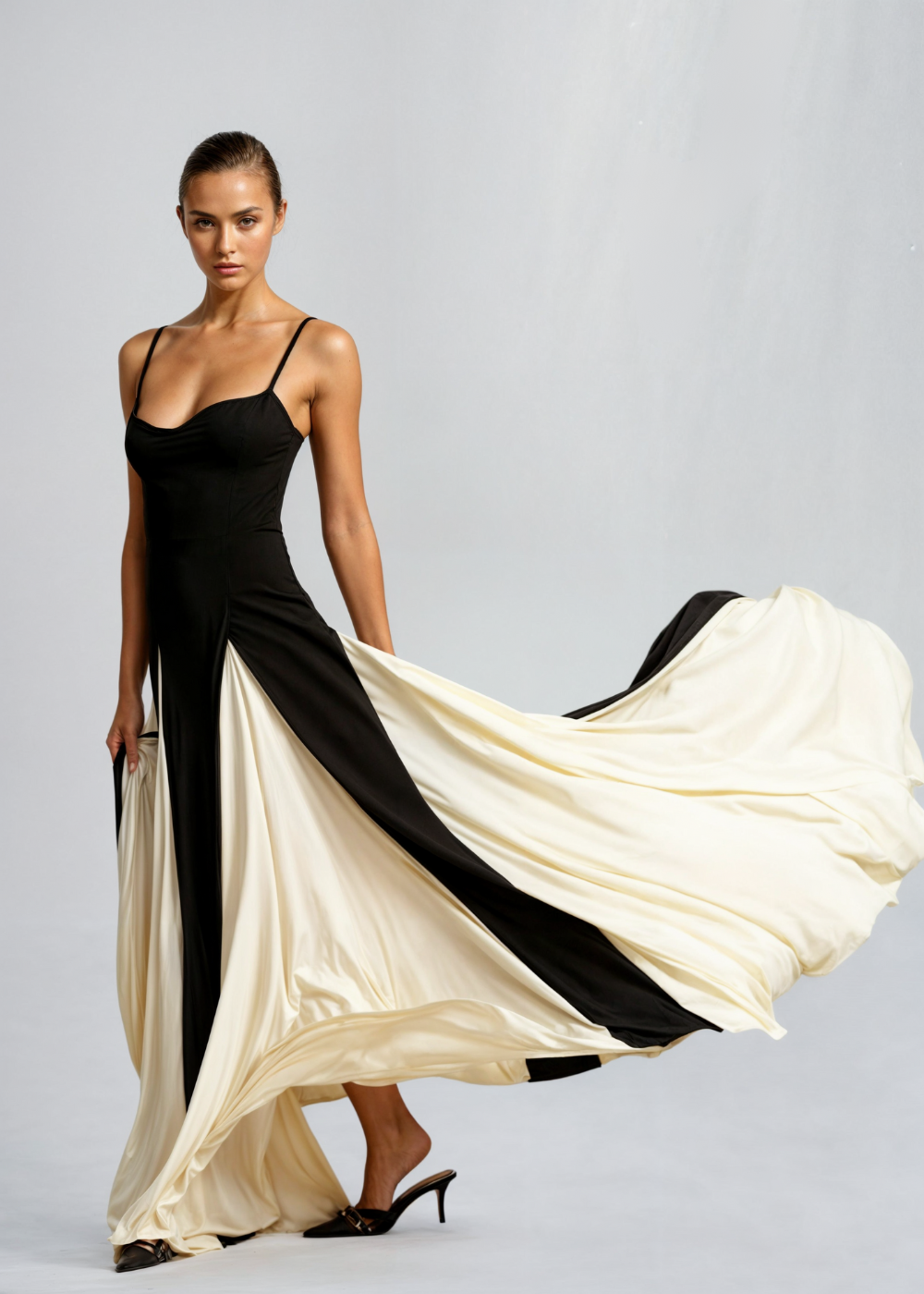 Women's Black & White Panelled Maxi Evening Dress