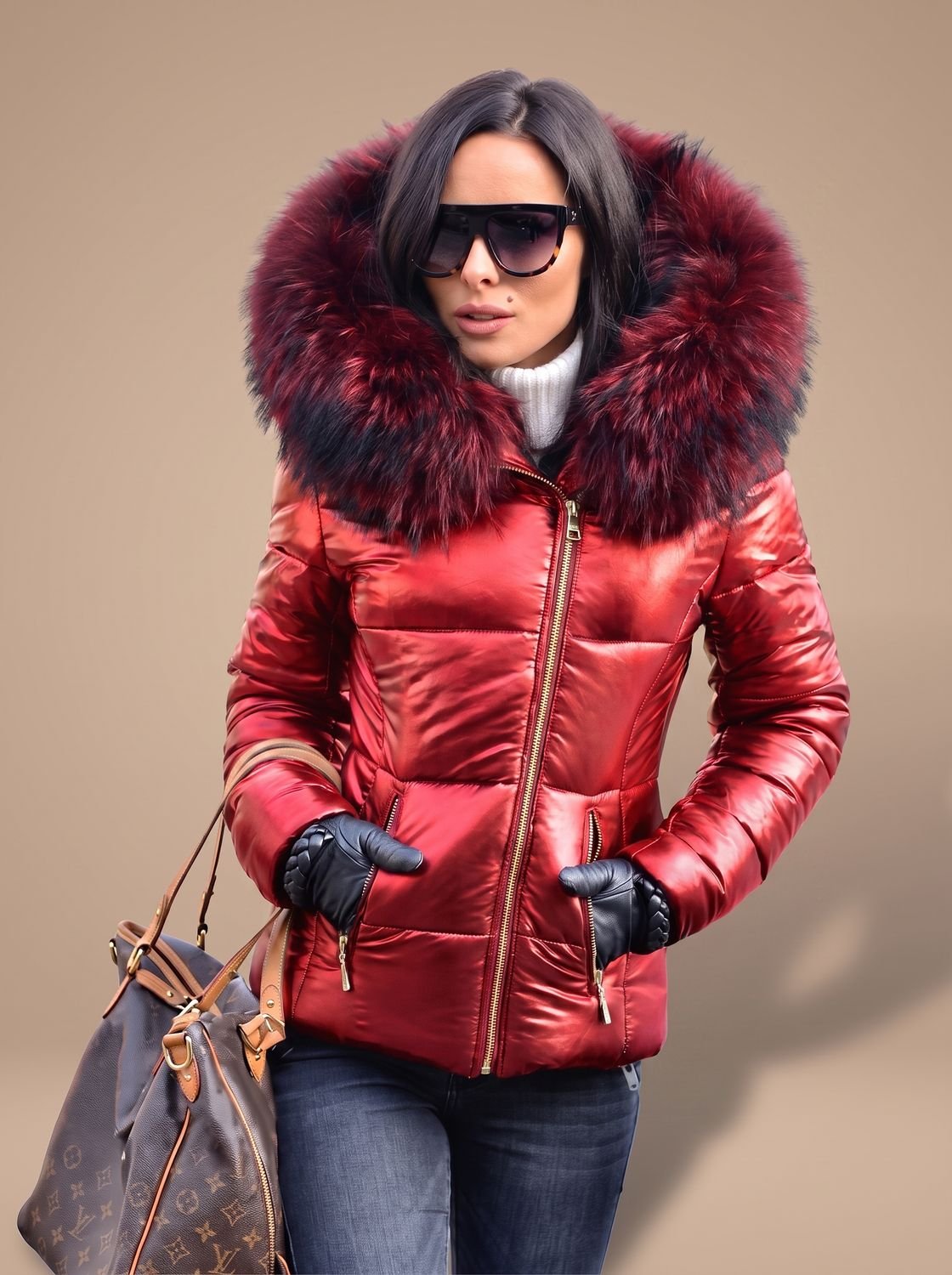 Women's Metallic Puffer Jacket with Faux Fur Trim Hood