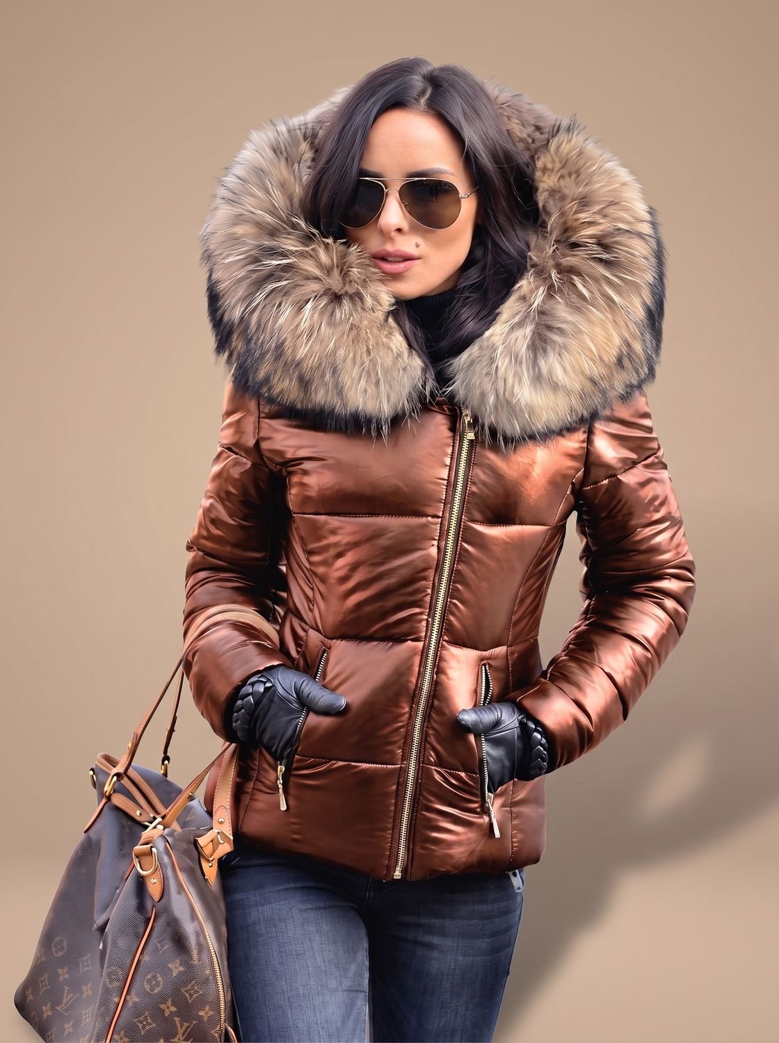 Women's Metallic Puffer Jacket with Faux Fur Trim Hood