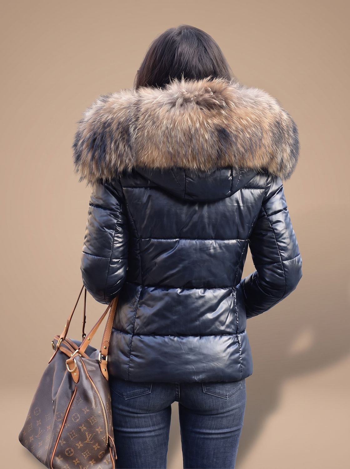 Women's Metallic Puffer Jacket with Faux Fur Trim Hood