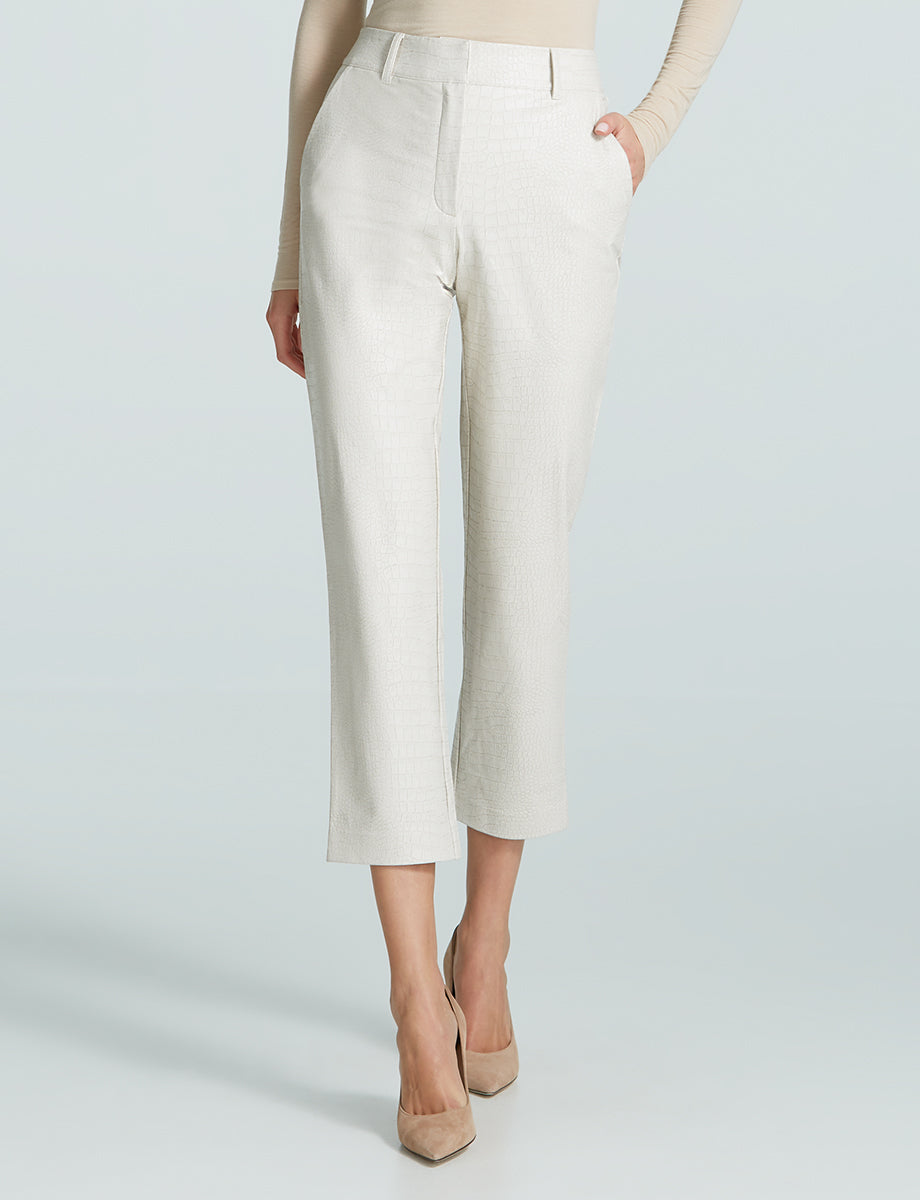 Women's Faux Leather Croc Print Cropped Trousers in Bone