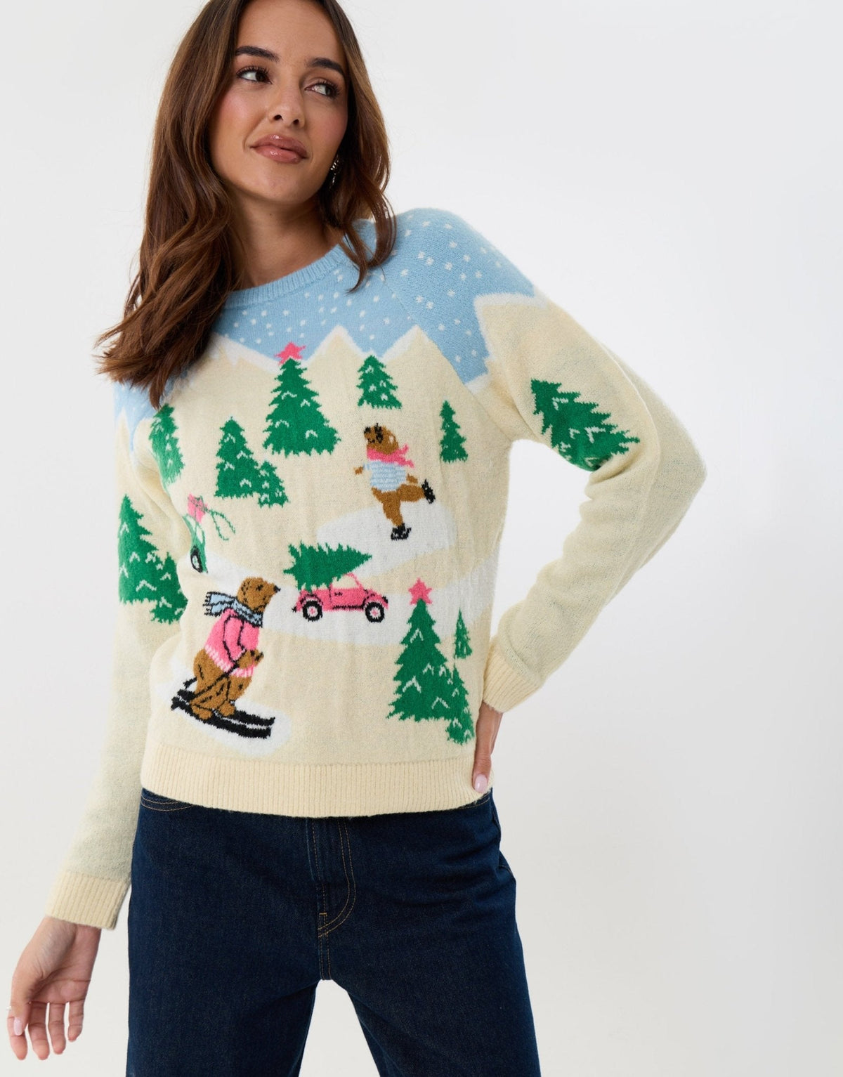Women's Christmas Jumper Skiing Bear Tree in Beige