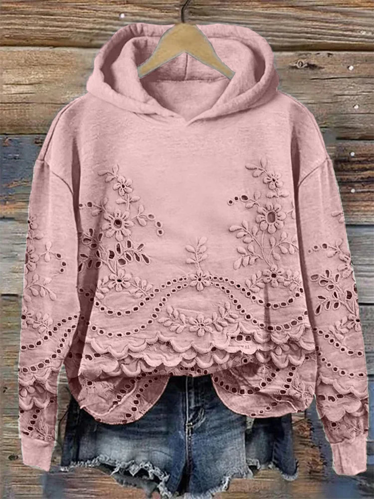 Women's Floral Eyelet Scalloped Hem Pullover Hoodie