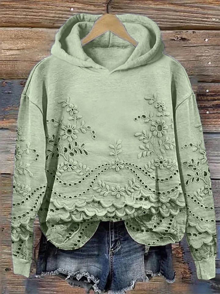 Women's Floral Eyelet Scalloped Hem Pullover Hoodie