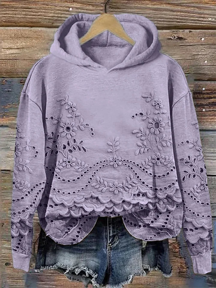 Women's Floral Eyelet Scalloped Hem Pullover Hoodie