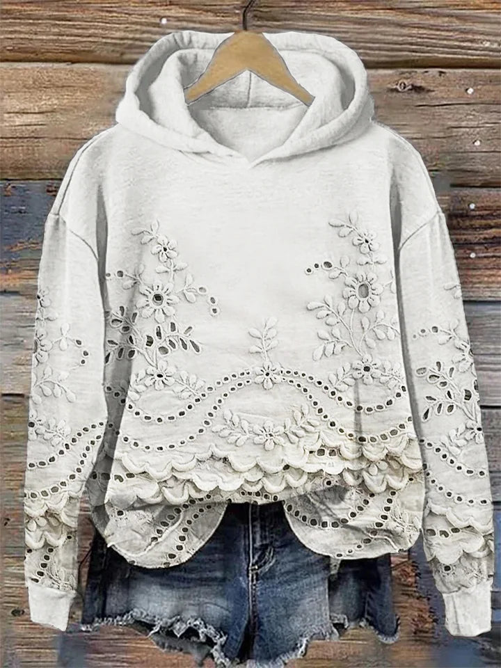 Women's Floral Eyelet Scalloped Hem Pullover Hoodie