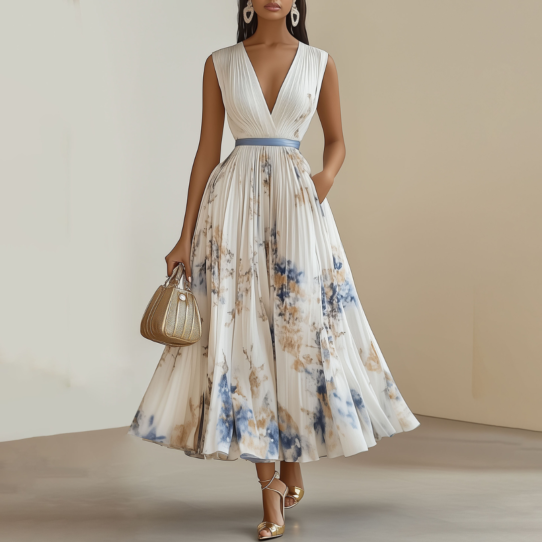 Women's Floral Print Pleated V-Neck Midi Dress