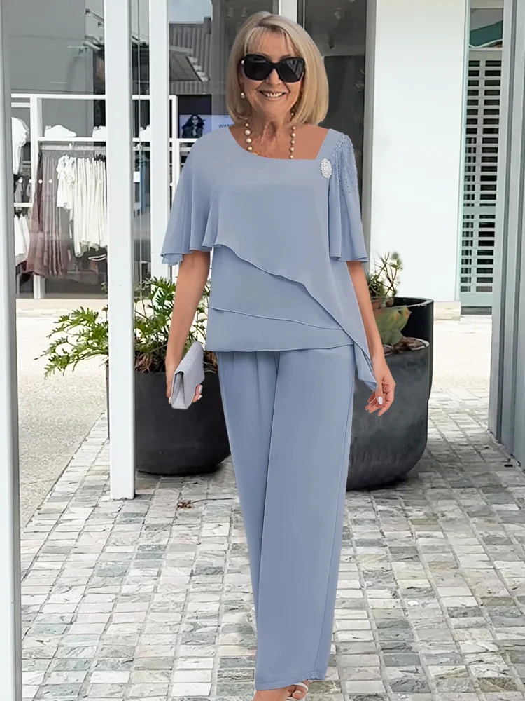 Women's Tiered Flutter Sleeve Top & Trouser Set for Weddings
