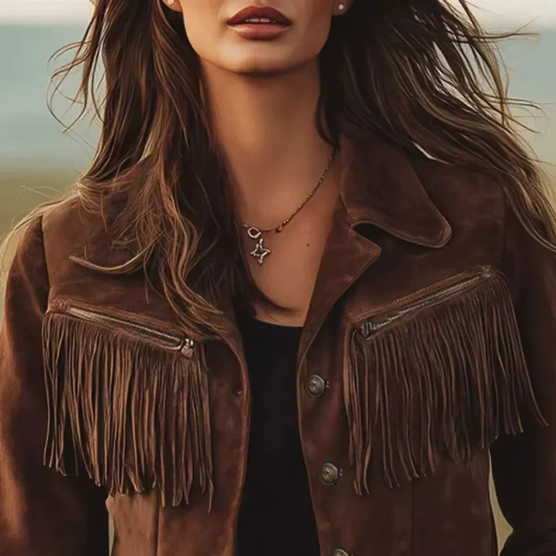 Women's Western Fringe Faux Suede Jacket in Dark Brown