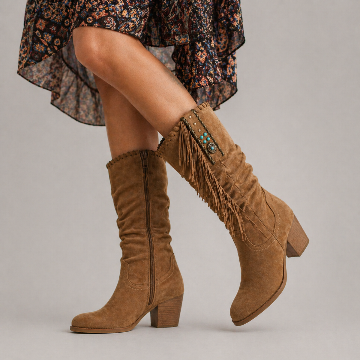 Women's Faux Suede Fringe Cowboy Boots with Block Heel