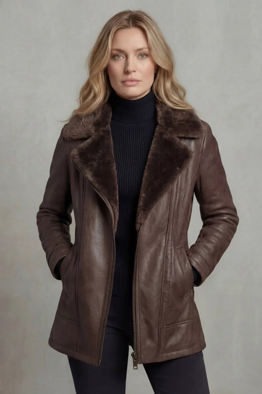 Women's Fur-Trim Collar Zip-Front Jacket in Brown
