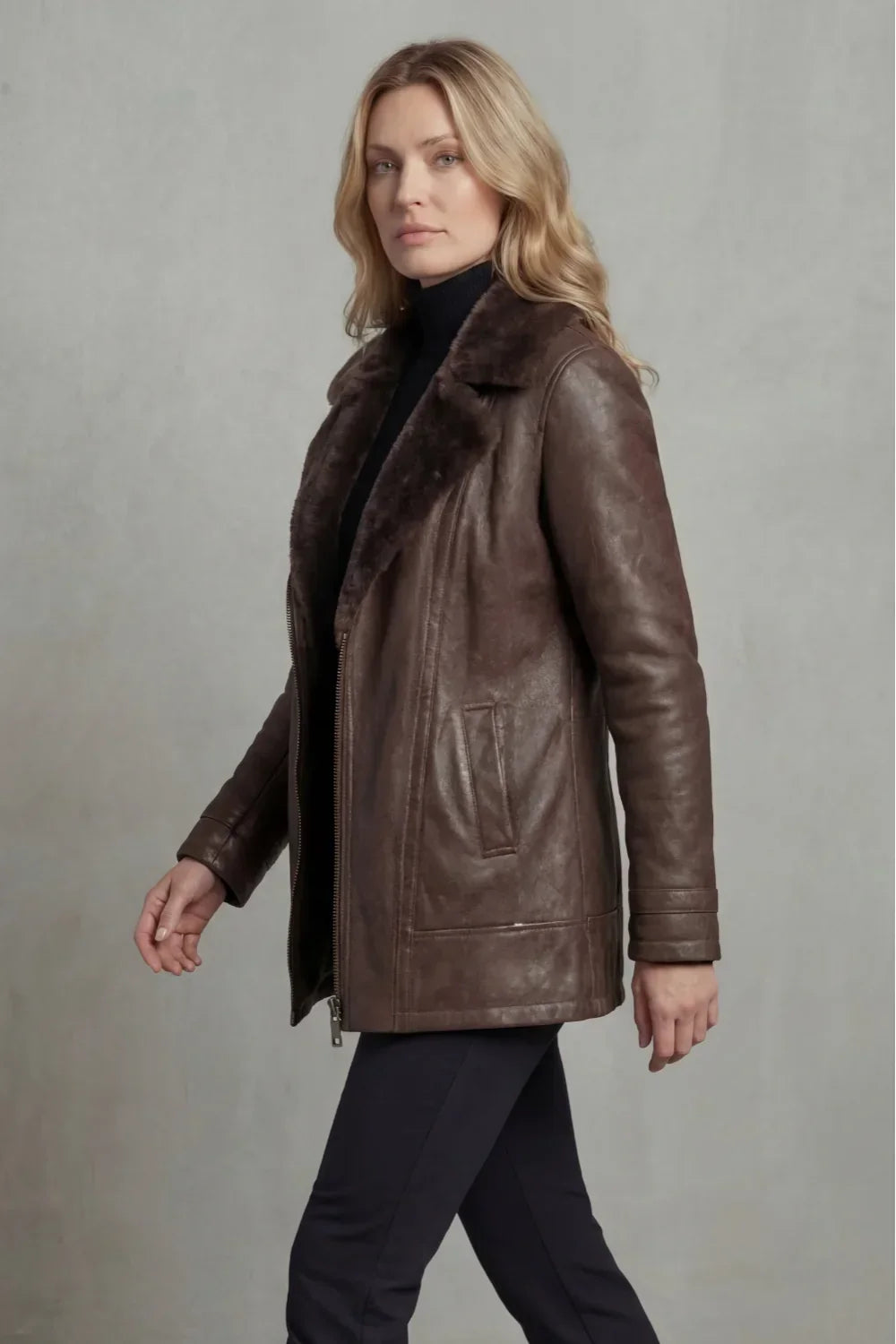 Women's Fur-Trim Collar Zip-Front Jacket in Brown