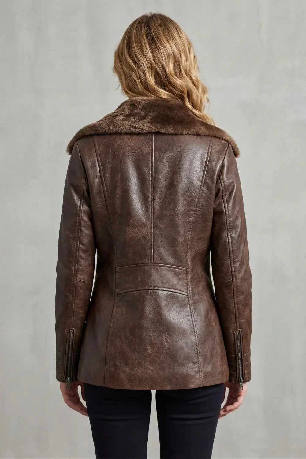 Women's Fur-Trim Collar Zip-Front Jacket in Brown