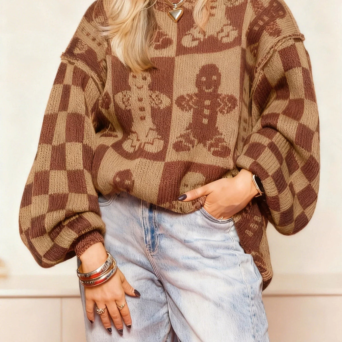 Women's Christmas Jumper Gingerbread Check Balloon Sleeve