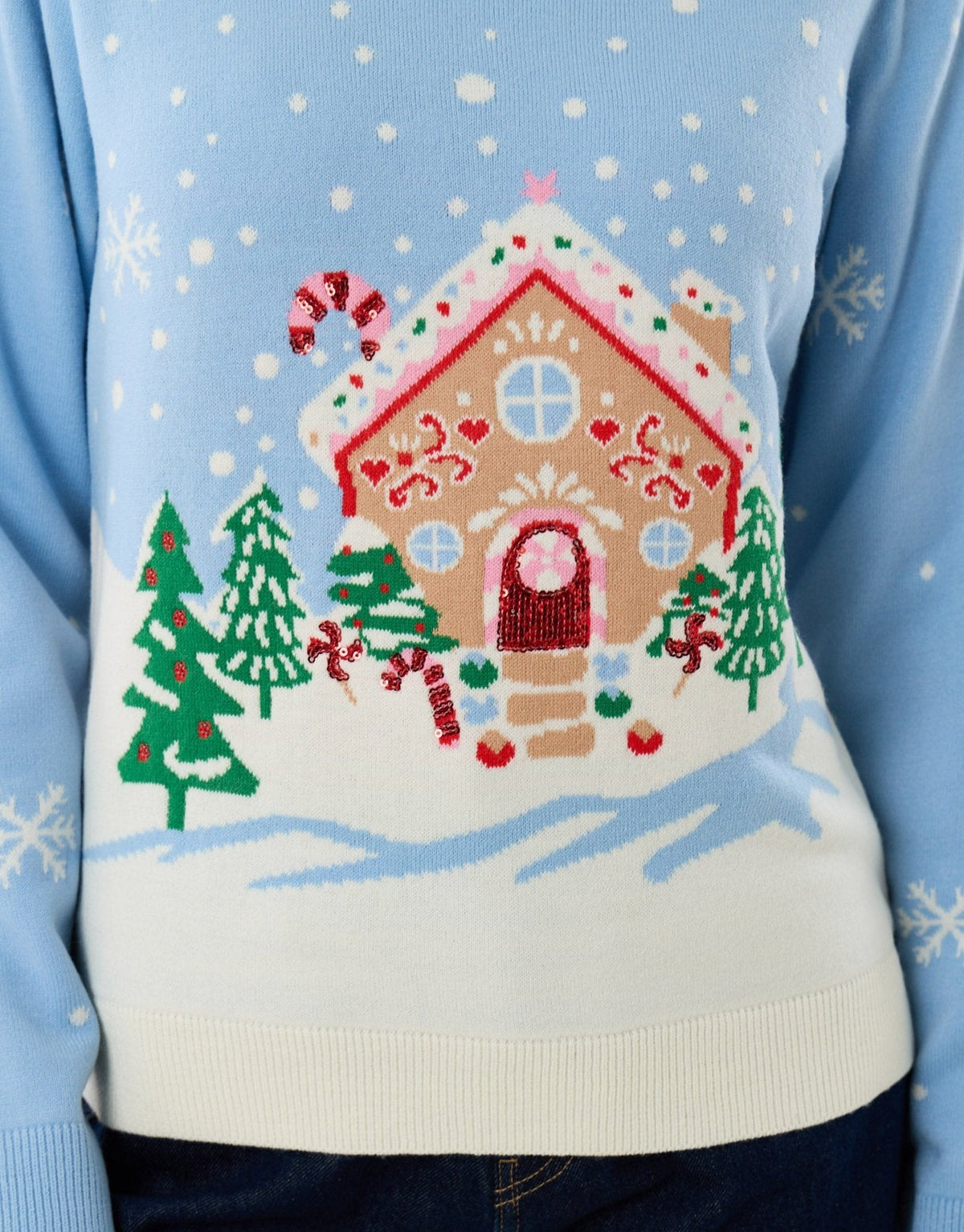 Women's Christmas Jumper Sequin Gingerbread House in Light Blue
