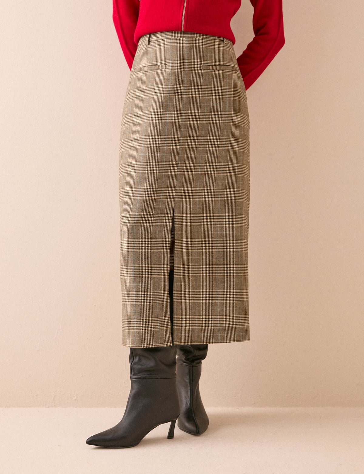Women's Check High-Waisted Midi Pencil Skirt with Split