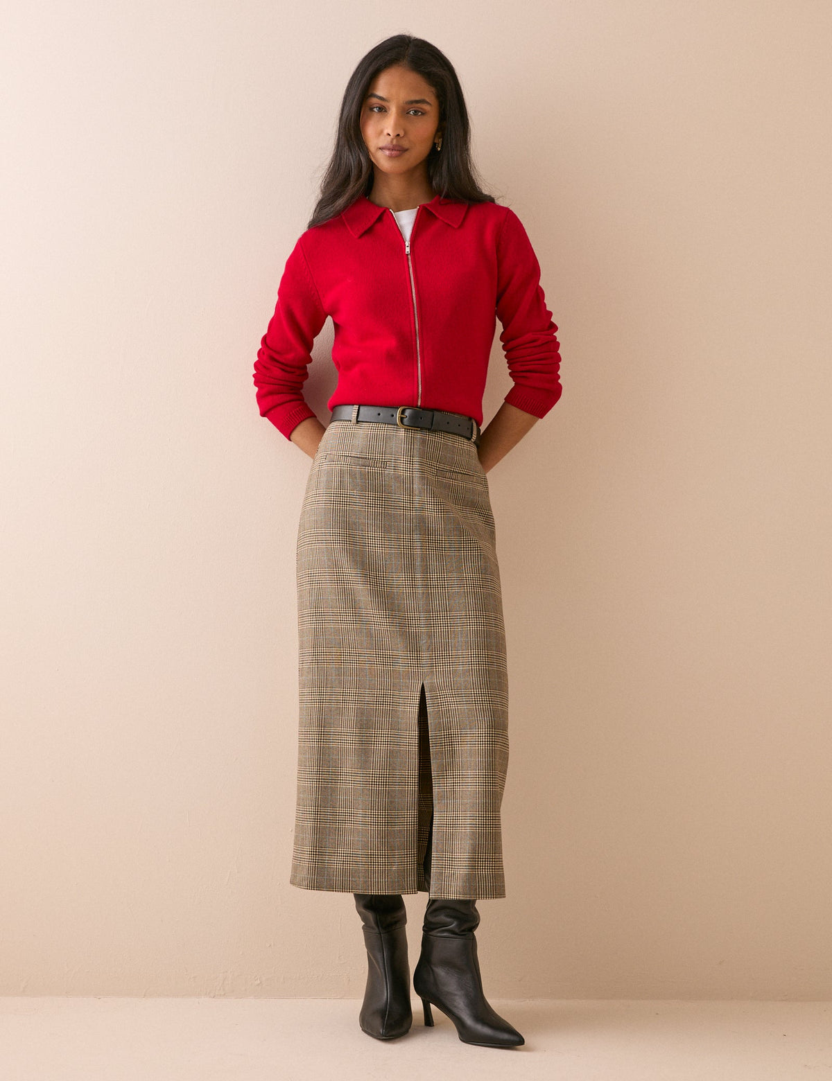 Women's Check High-Waisted Midi Pencil Skirt with Split