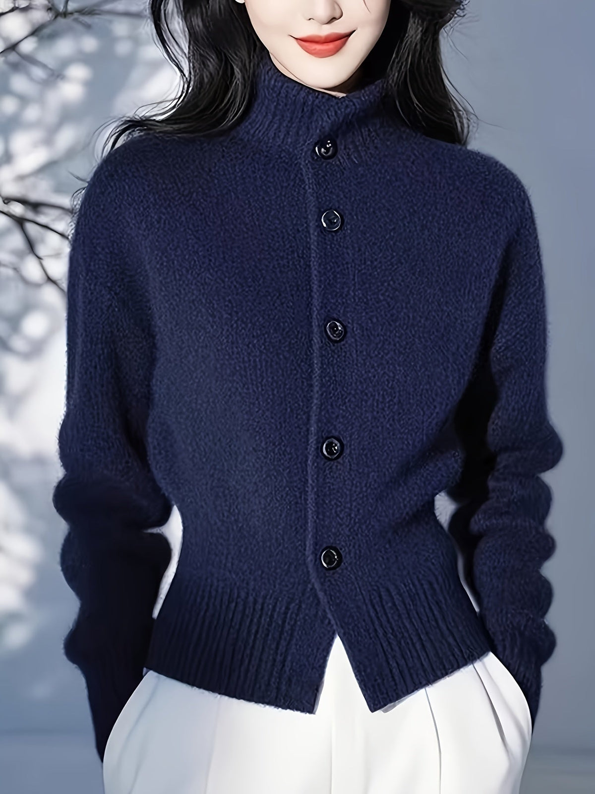 Women's High Neck Fitted Knit Cardigan