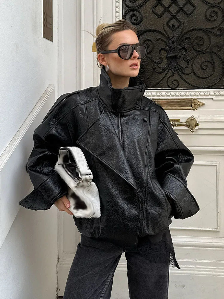 Women's High-Neck Faux Leather Asymmetric Zip Jacket