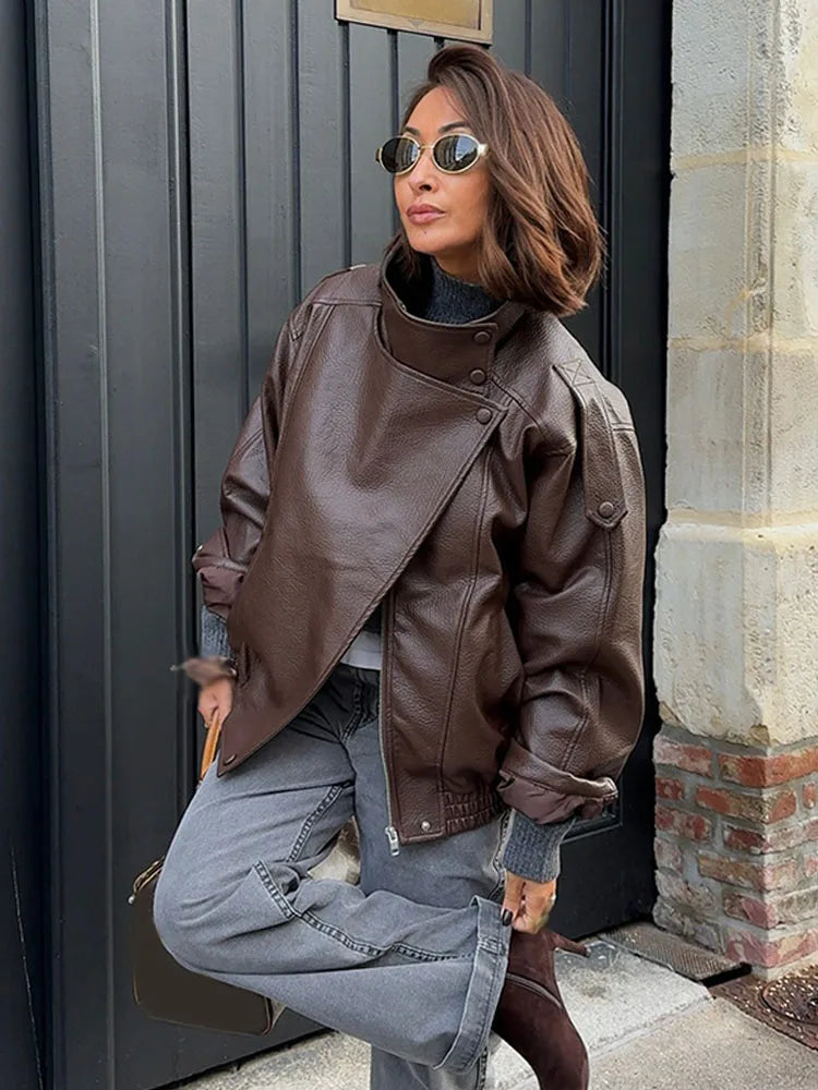 Women's High-Neck Faux Leather Asymmetric Zip Jacket