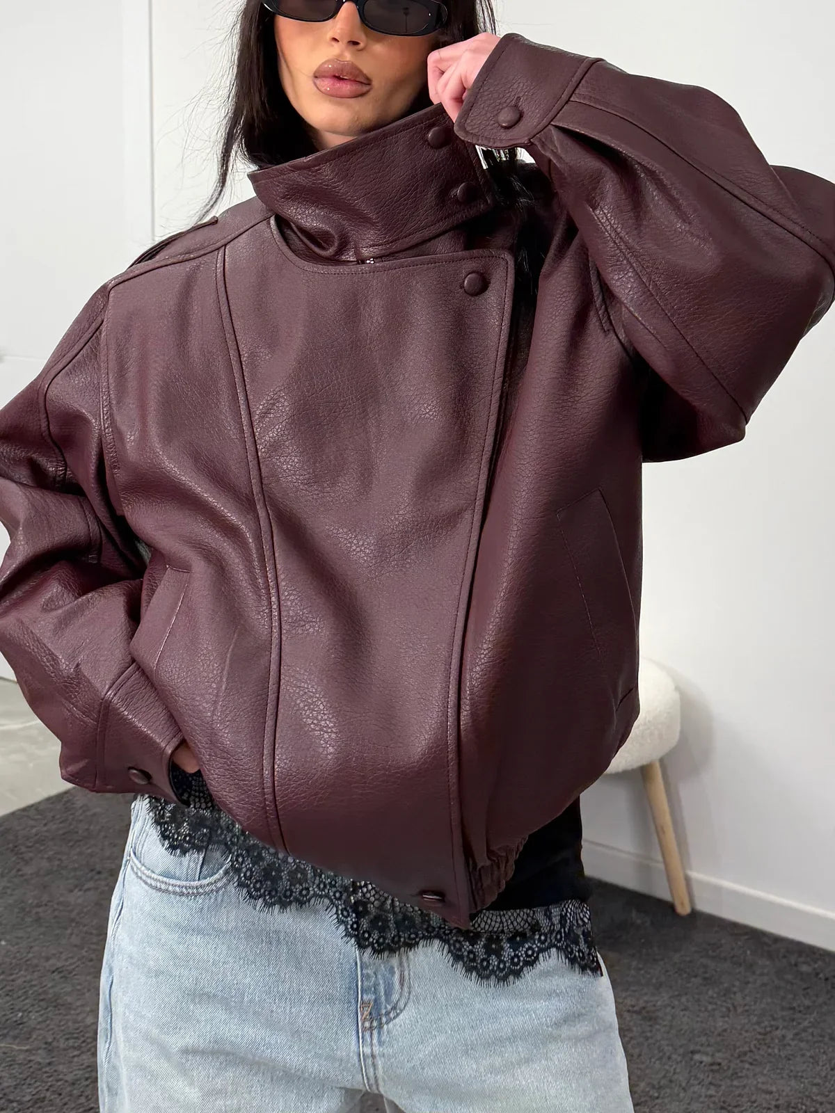 Women's High-Neck Faux Leather Asymmetric Zip Jacket