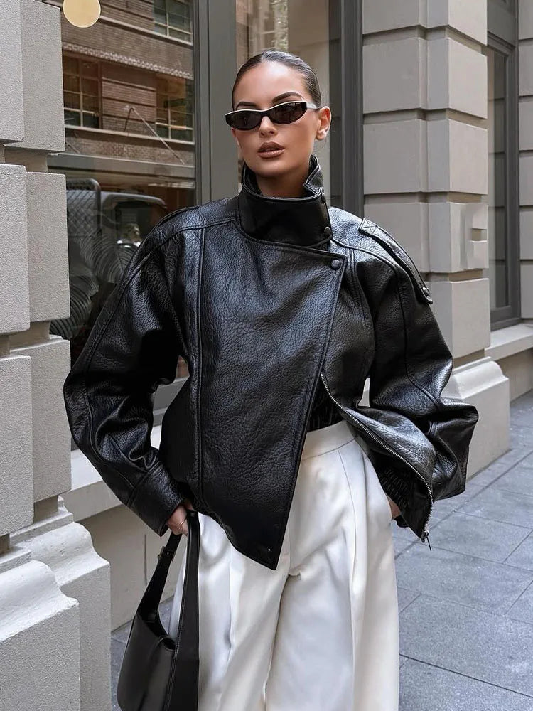 Women's High-Neck Faux Leather Asymmetric Zip Jacket