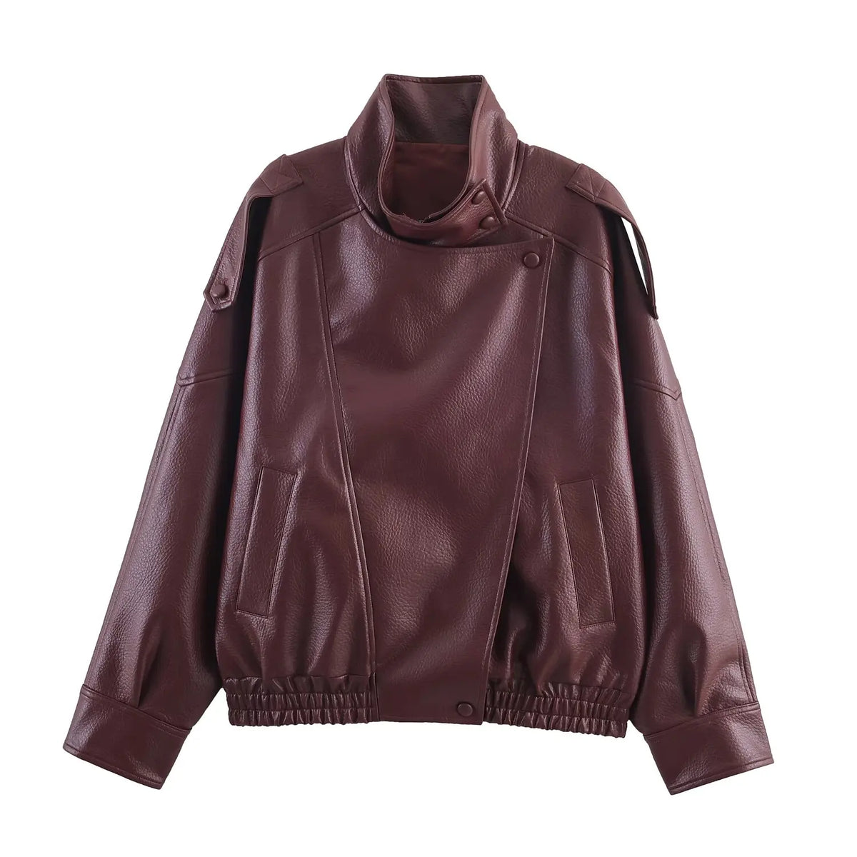 Women's High-Neck Faux Leather Asymmetric Zip Jacket