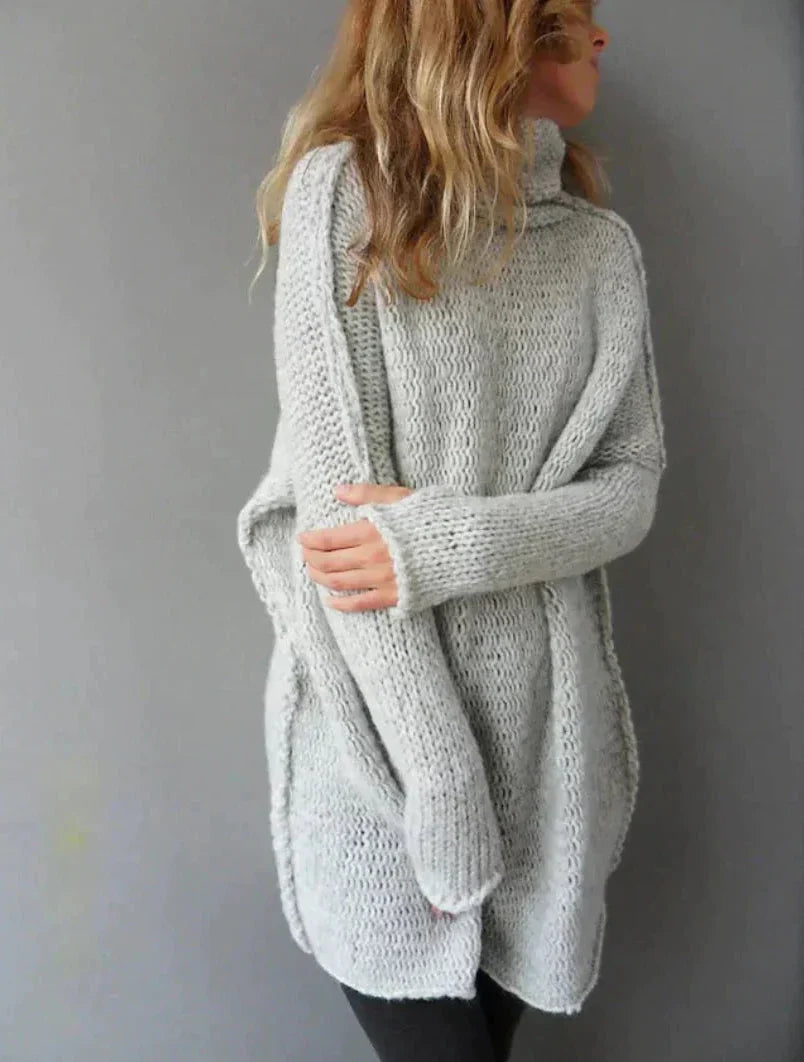 Women's Oversized Roll Neck Chunky Knit Tunic Jumper in Grey