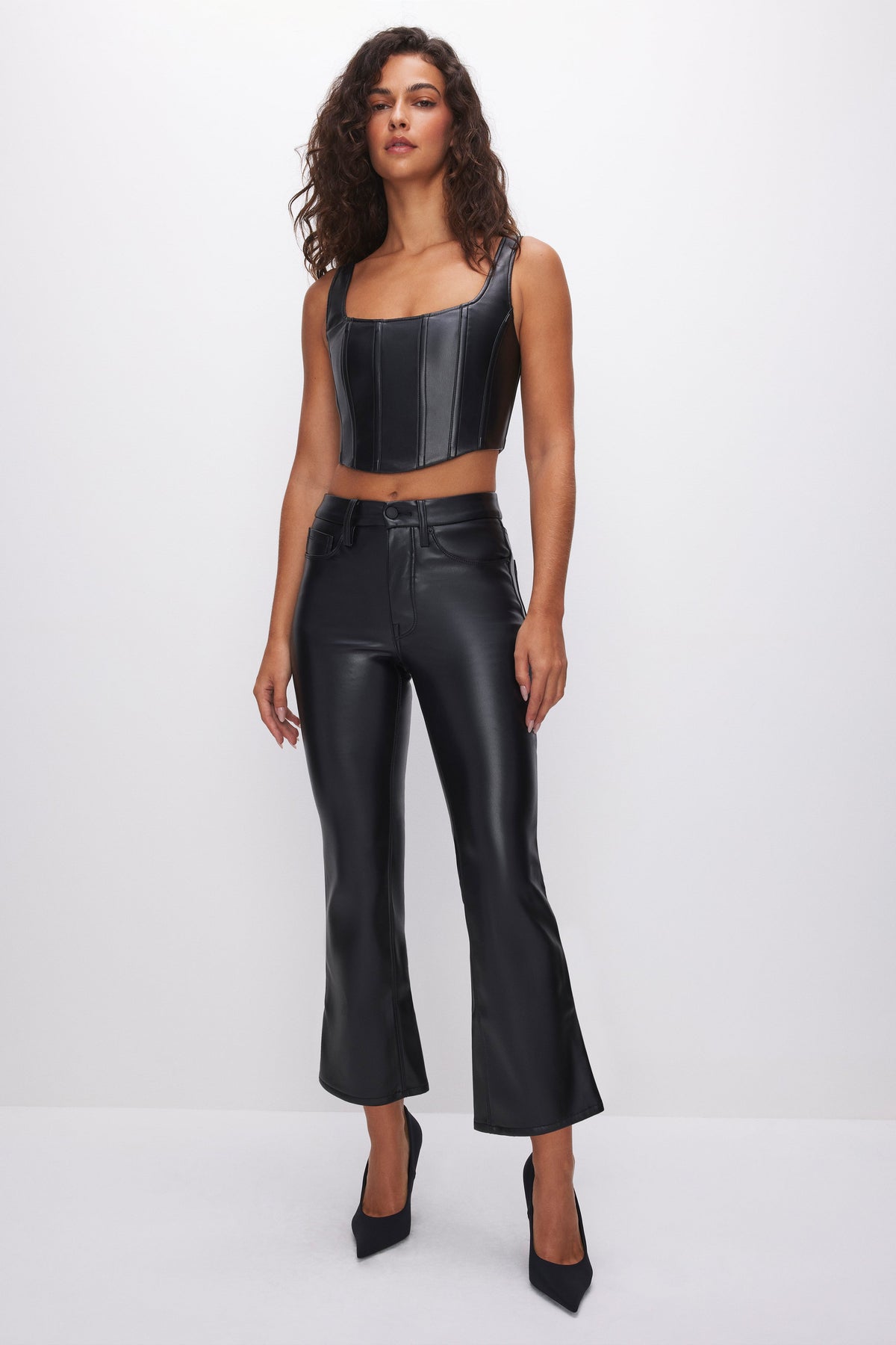 Women's Faux Leather Cropped Bootcut Trousers in Black