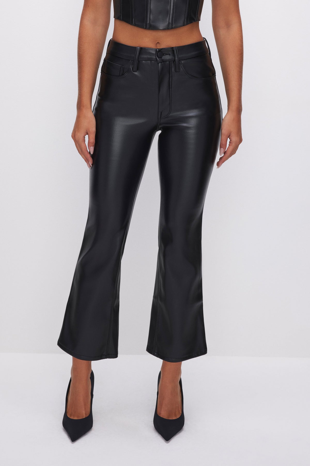 Women's Faux Leather Cropped Bootcut Trousers in Black