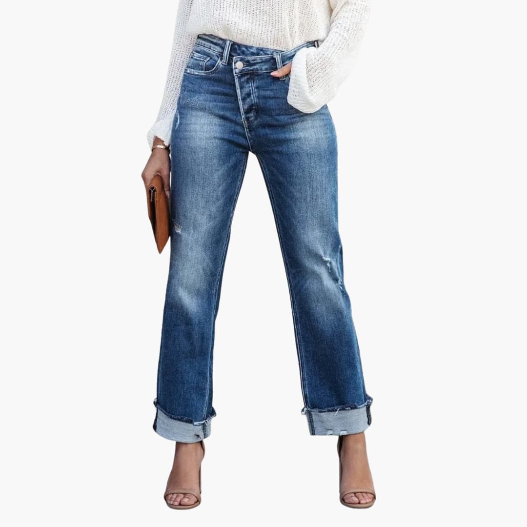 Women's Distressed High-Rise Cuffed Jeans in Blue